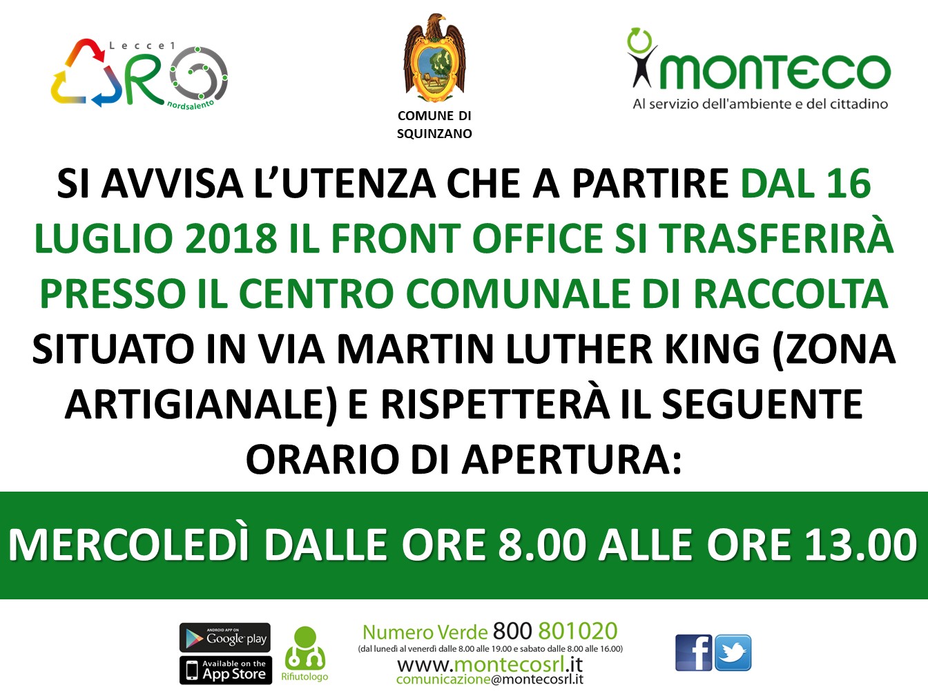 Trasferimento Front Office Squinzano presso Centro Comunale di Raccolta