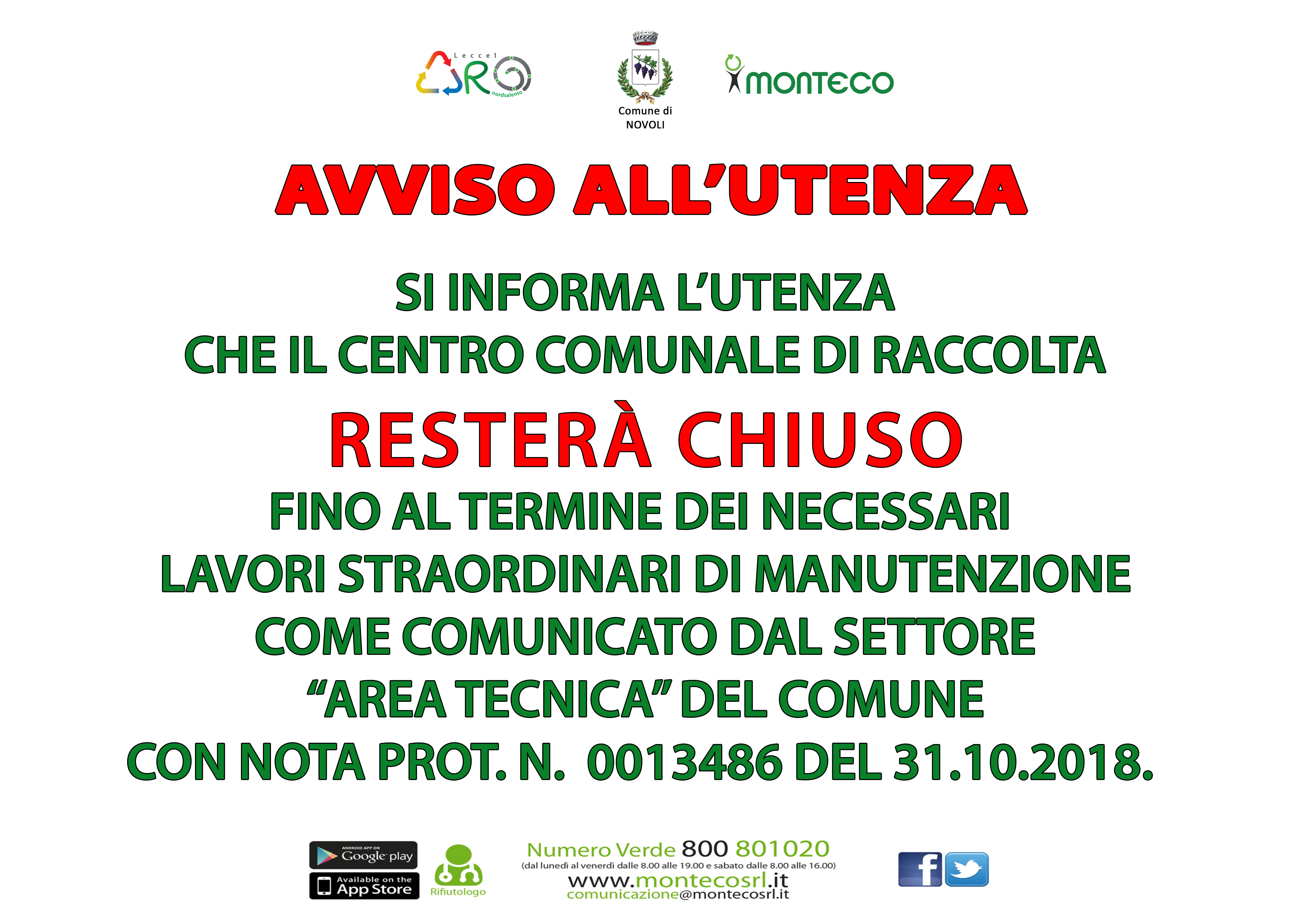 Centro Comunale di Raccolta di Novoli. Chiusura per lavori straordinari di manutenzione