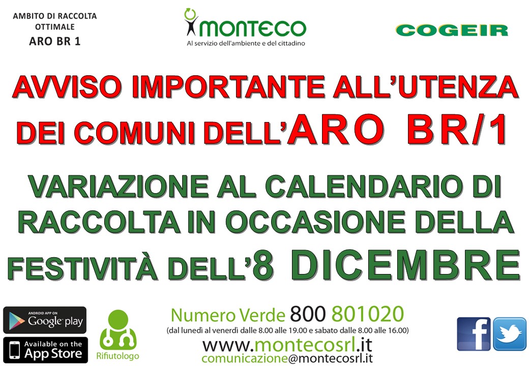 ARO BR/1: VARIAZIONE AL CALENDARIO DI RACCOLTA IN OCCASIONE DELLA FESTIVITÀ DELL’8 DICEMBRE