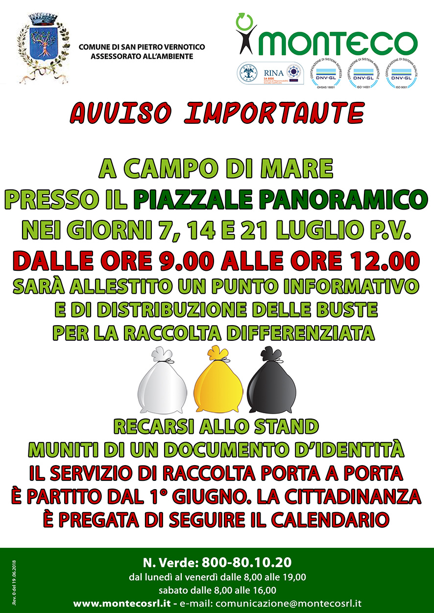 CAMPO DI MARE: DISTRIBUZIONE BUSTE PER LA RACCOLTA DIFFERENZIATA