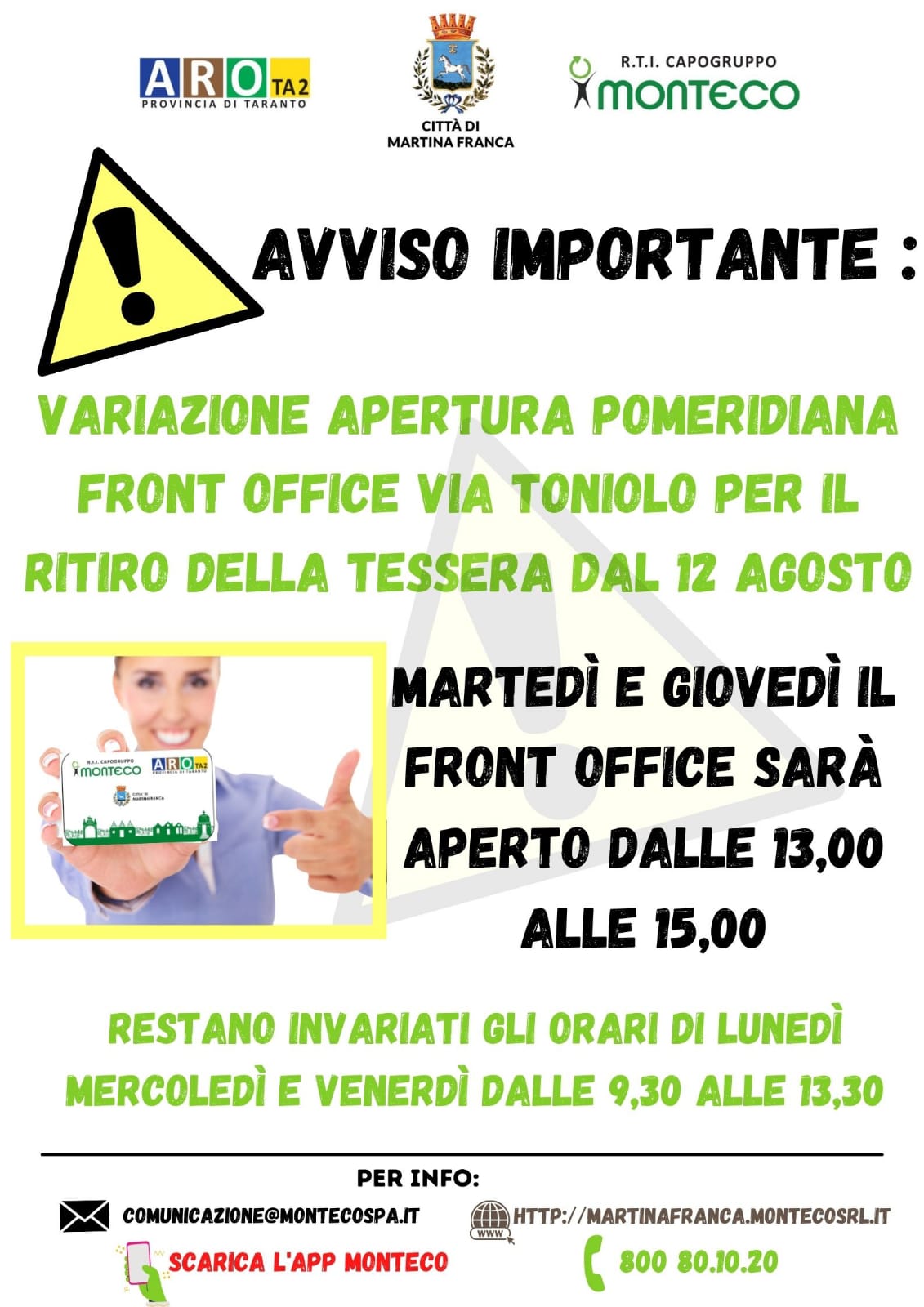 Martina Franca. Variazione apertura pomeridiana Front Office di via Toniolo dal 12 agosto 2021