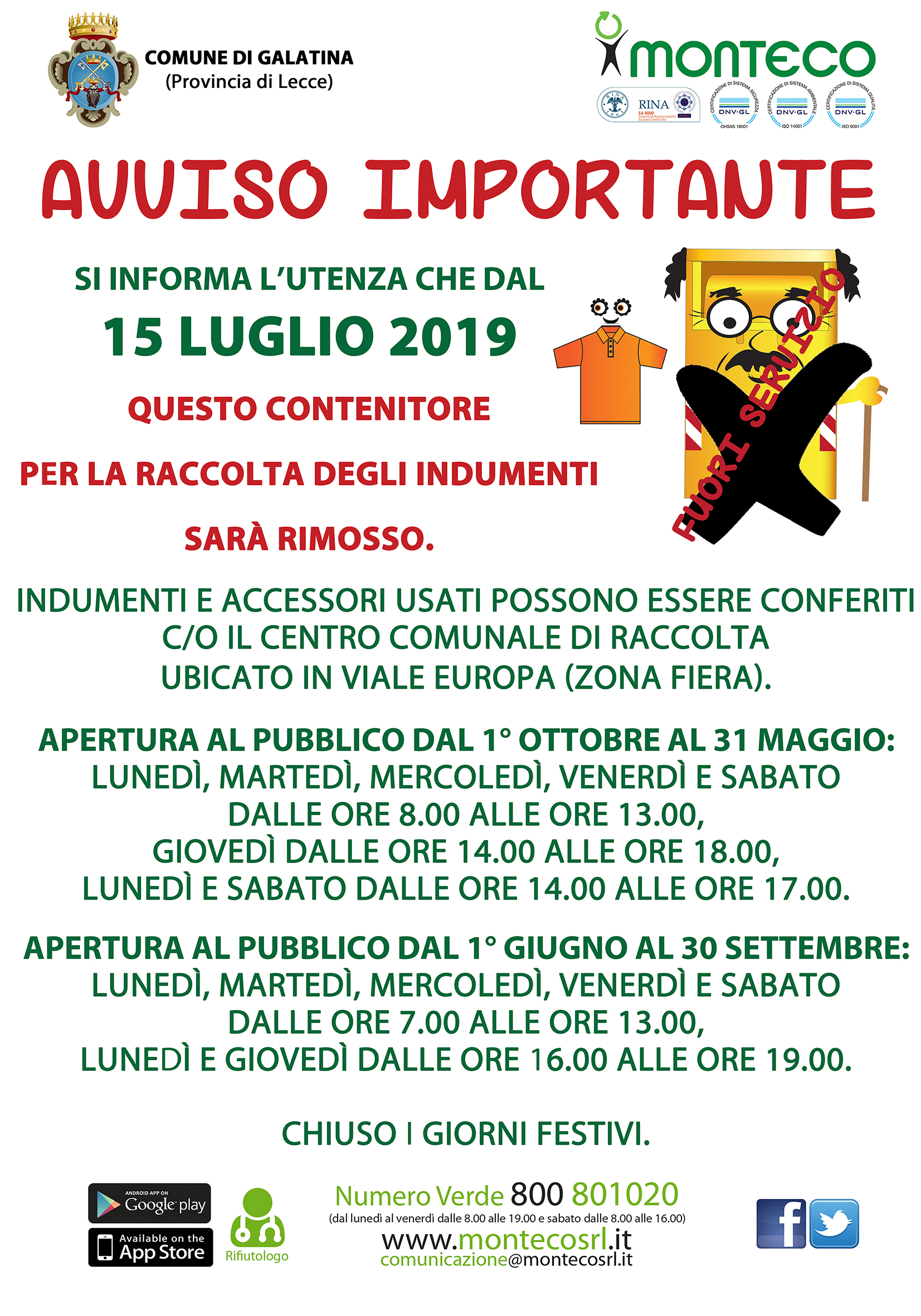 Galatina. Dal 15 luglio 2019 saranno rimossi i contenitori per la raccolta degli indumenti usati