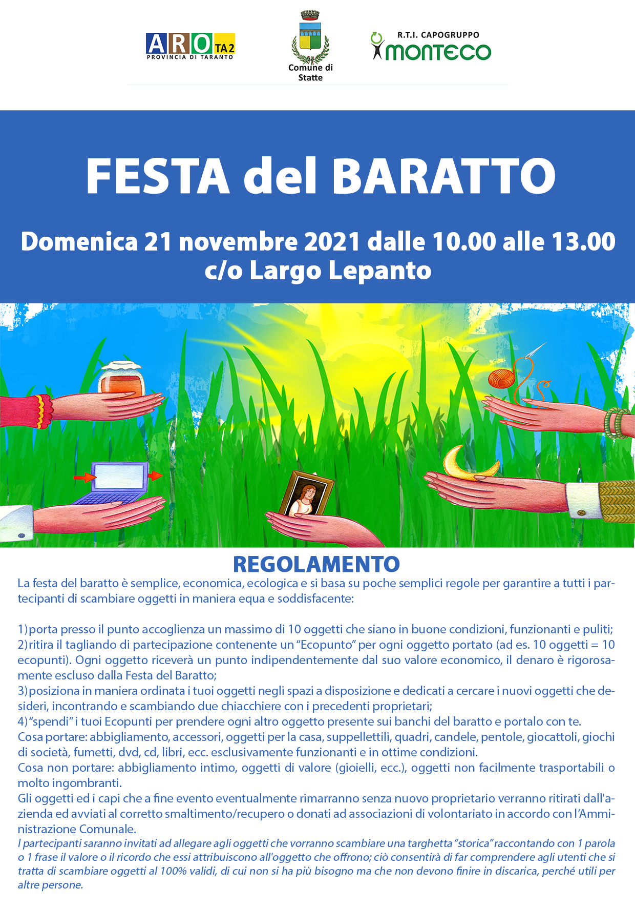 Statte.  festa del BARATTO  Domenica 21 novembre 2021 dalle 10.00 alle 13.00 c/o Largo Lepanto
